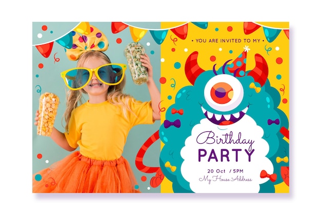 Free vector flat monster birthday invitation template with photo