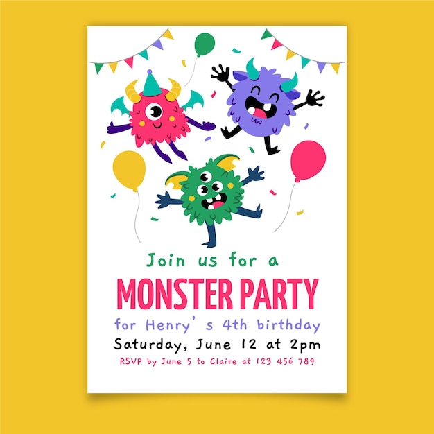 Free vector flat monster birthday invitation template