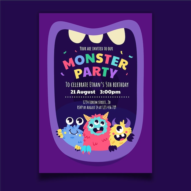 Free vector flat monster birthday invitation template