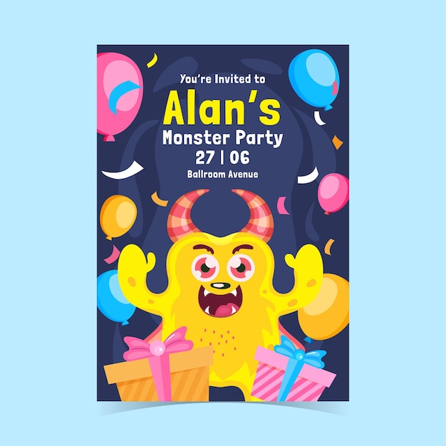 Free vector flat monster birthday invitation template