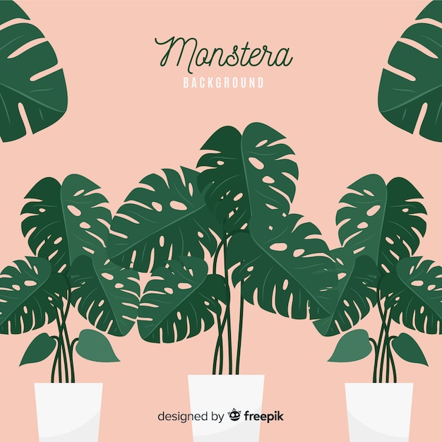 Free vector flat monstera leaves in flowerpots background