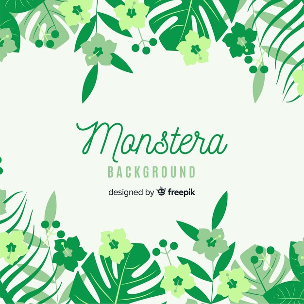 Flat monstera leaves and flowers background