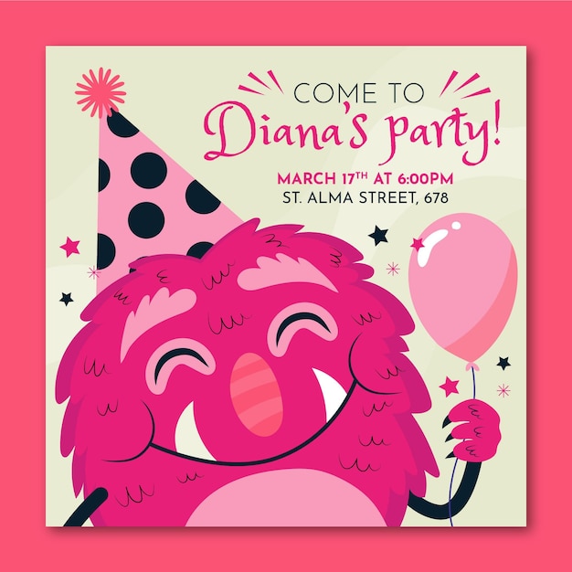 Free vector flat monsters birthday invitation template