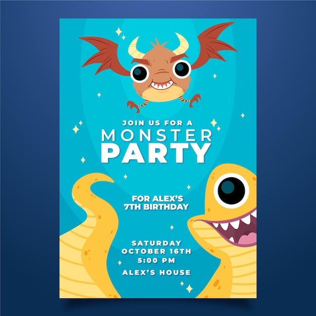 Free vector flat monsters birthday invitation template