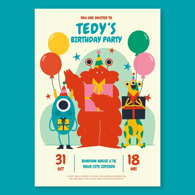 Flat monsters birthday invitation template