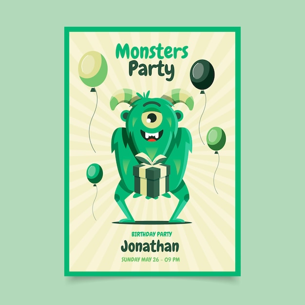 Free vector flat monsters birthday invitation template