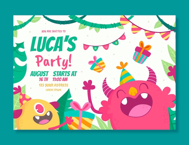 Free vector flat monsters birthday invitation