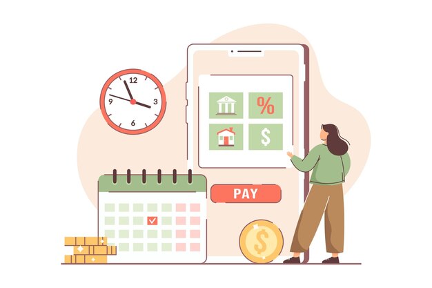 flat monthly payments calendar woman with payment schedule pay money for interest rate fees principal and financial bills by month period reminder of salary day due date of debt loan house rent