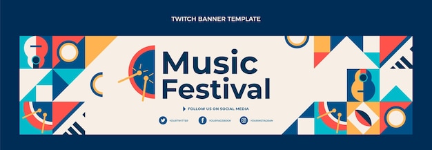 Vettore gratuito banner di contrazione del festival di musica a mosaico piatto