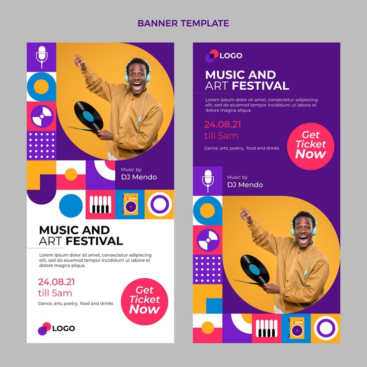 Free Vector flat mosaic music festival vertical banners