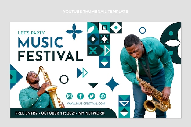 Бесплатное векторное изображение Музыкальный фестиваль плоской мозаики на youtube