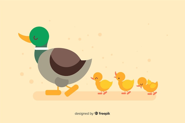 무료 벡터 플랫 어머니 오리와 ducklings 빈 배경