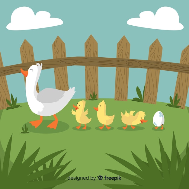 Free vector flat mother duck and ducklings on grass