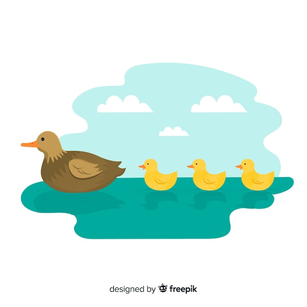 Free vector flat mother duck and ducklings outdoors