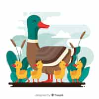 Free vector flat mother duck and her ducklings outside