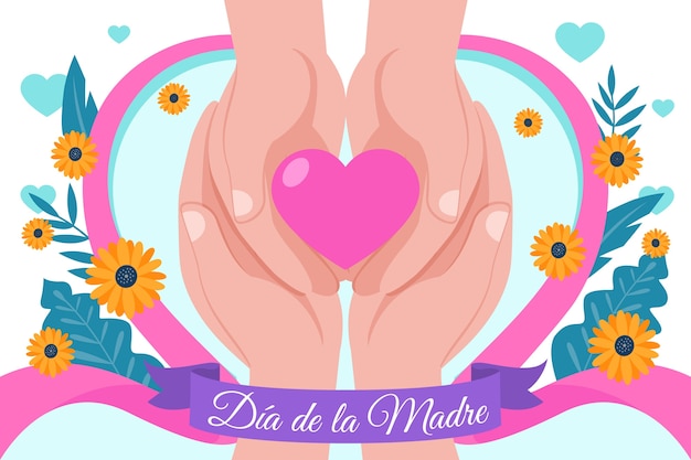 Free vector flat mother's day background in spanish with hands holding heart