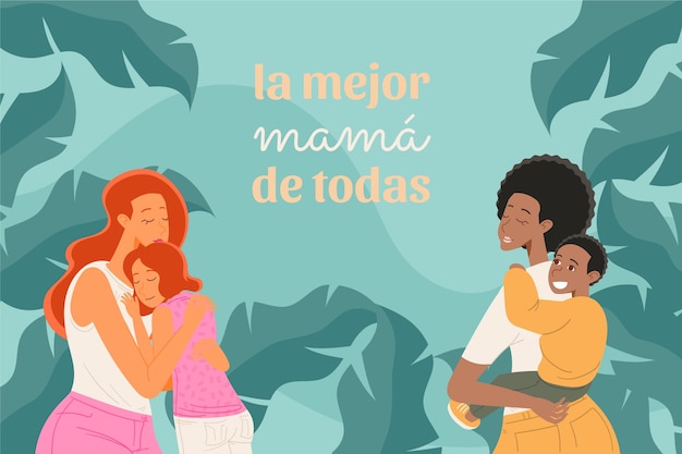 Flat mother's day background in spanish with mothers hugging their kids