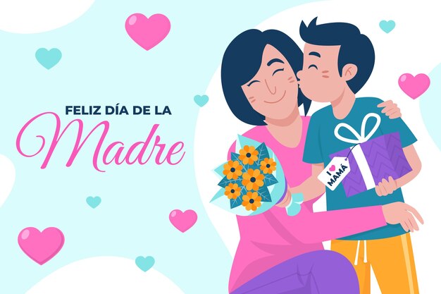 スペイン語のフラットマザーデーの背景で 息子が母にキスをしている