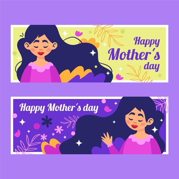Flat mother's day horizontal banners set