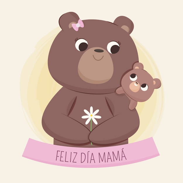 곰과 함께 스페인어로 된 평평한 어머니의 날 그림