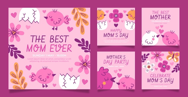 Free vector flat mother's day instagram posts collection