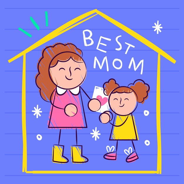 Flat mothers day children drawings illustration