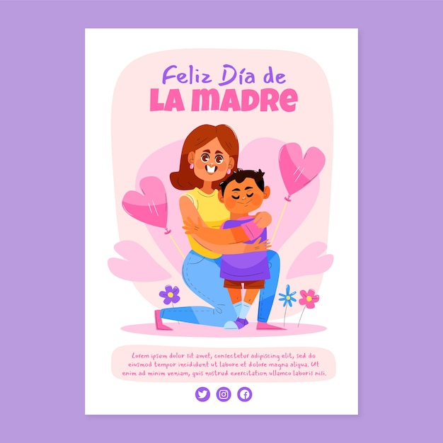 Бесплатное векторное изображение Плоский шаблон поздравительной открытки ко дню матери на испанском языке