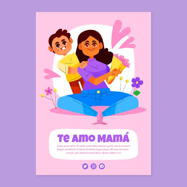 스페인어에서 플랫 어머니의 날 인사말 카드 템플릿