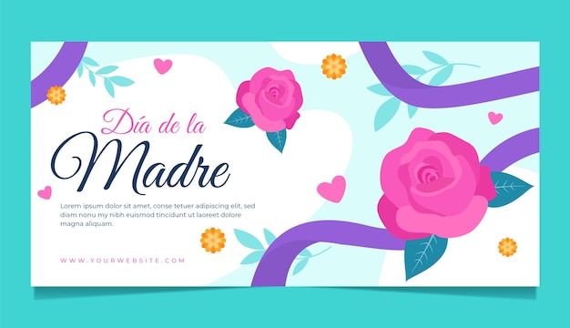 Vettore gratuito modello di banner orizzontale piatto festa della mamma in spagnolo