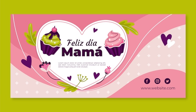 Vettore gratuito modello di banner orizzontale piatto festa della mamma in spagnolo