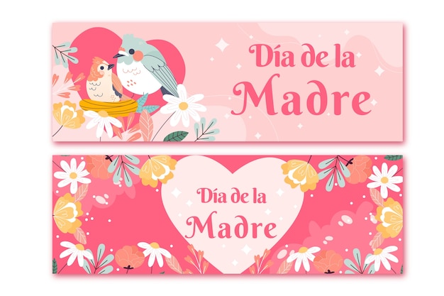 Confezione di banner orizzontali per la festa della mamma piatta in spagnolo