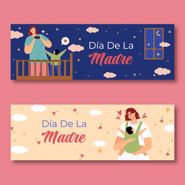 Confezione di banner orizzontali per la festa della mamma piatta in spagnolo