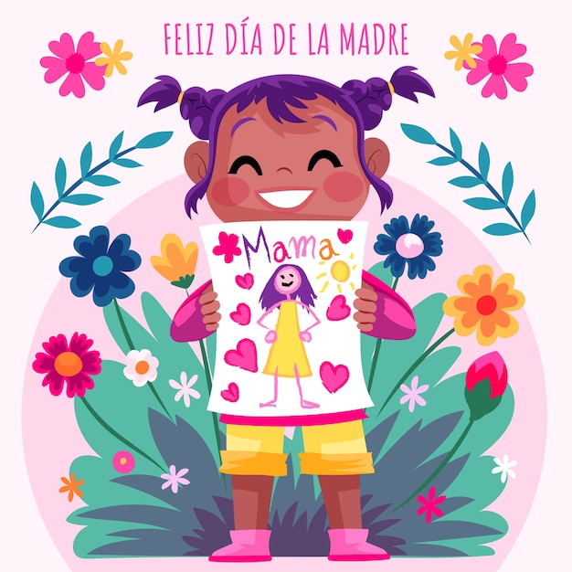 Плоская иллюстрация дня матери на испанском языке с девушкой, держащей рисунок