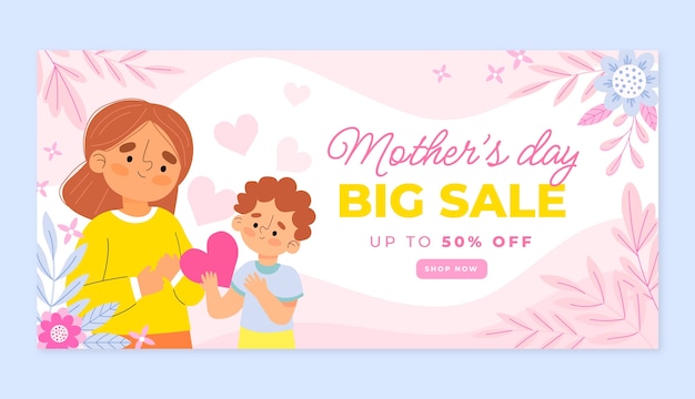Бесплатное векторное изображение Плоский день матери распродажа горизонтальный шаблон баннера