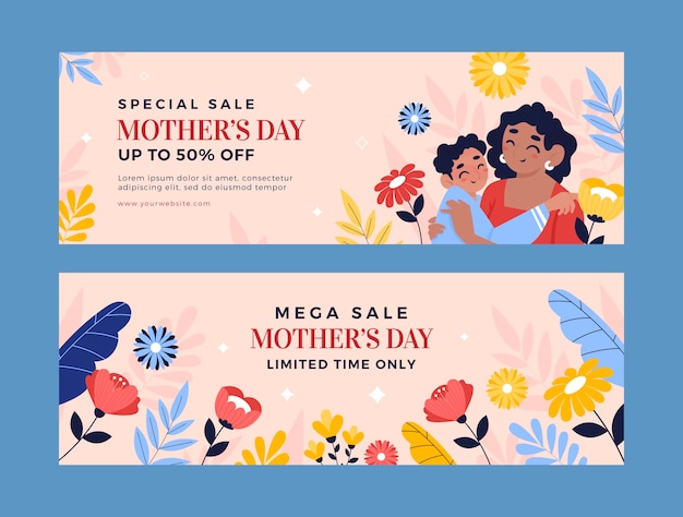 Flat mothers day sale horizontal banners pack