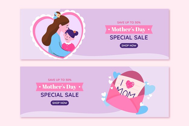 Flat mothers day sale horizontal banners pack