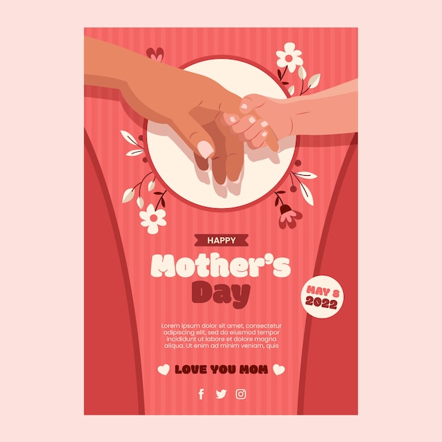 Vettore gratuito modello di poster verticale per la festa della mamma piatta
