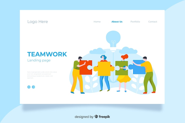 Free Vector flat multicolor design teamwork landing page with characters holding puzzle pieces 