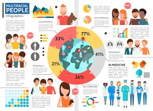 Vettore gratuito modello di infografica persone multirazziali piatte