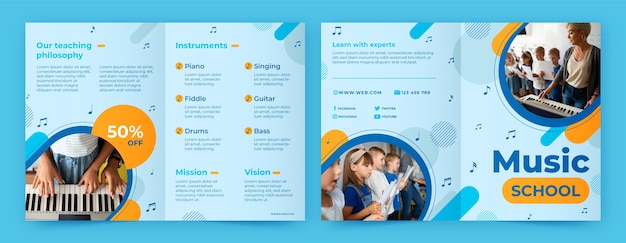 Бесплатное векторное изображение Плоское музыкальное образование и школьный двойной шаблон брошюры