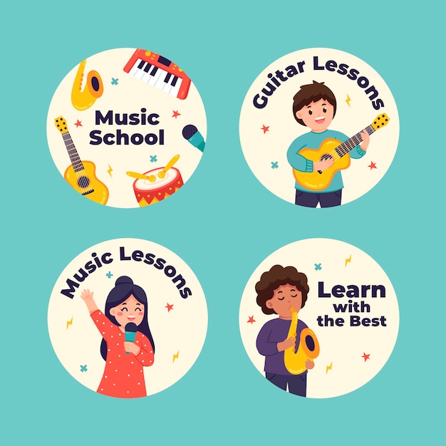 無料ベクター フラットな音楽教育と学校のラベル コレクション