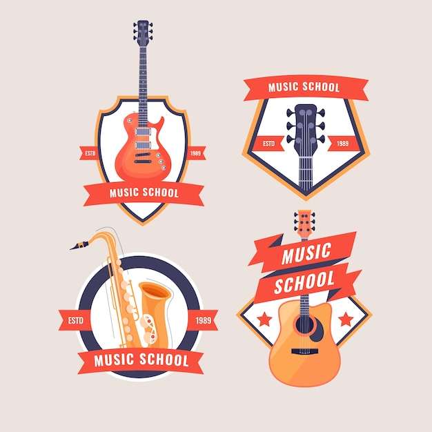 Бесплатное векторное изображение Плоское музыкальное образование и коллекция школьных лейблов