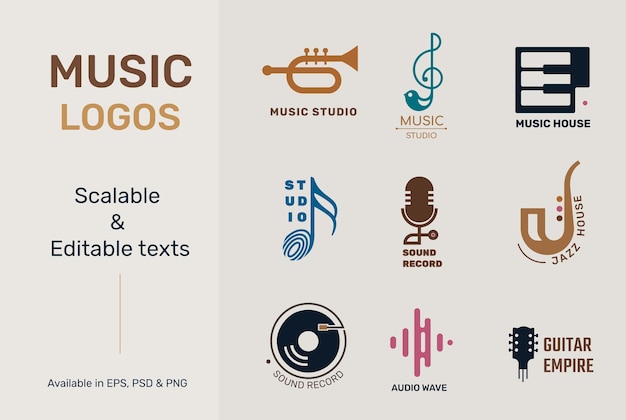 Free vector flat music logo vector with editable text set