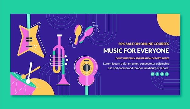 Free vector flat music school classes and education horizontal sale banner template