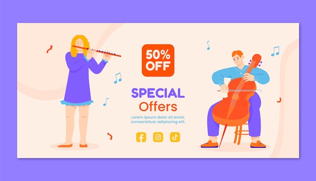 Free vector flat music school classes and education horizontal sale banner template