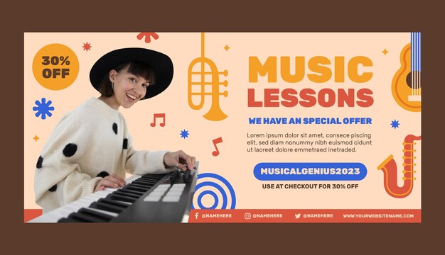 Flat music school classes and education horizontal sale banner template