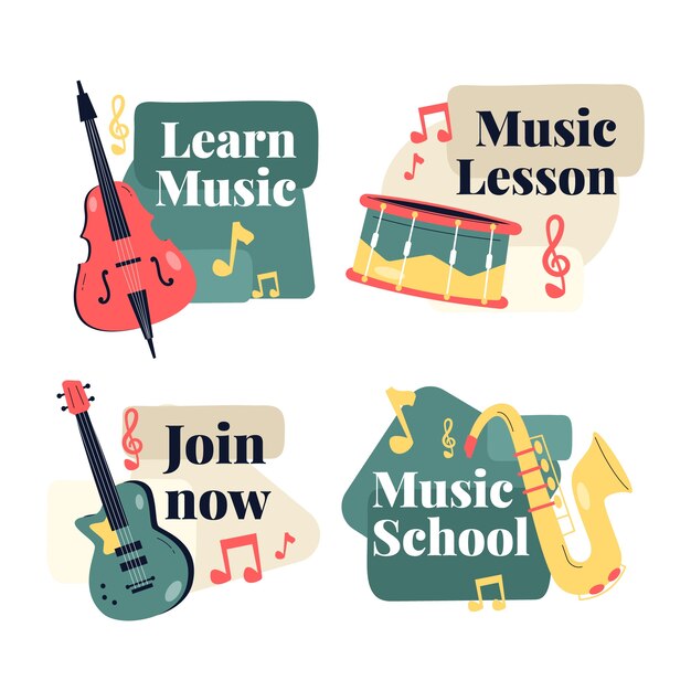 Flat music school classes and education labels collection