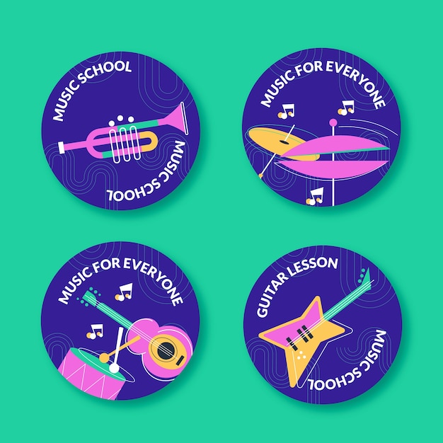 Flat music school classes and education labels collection