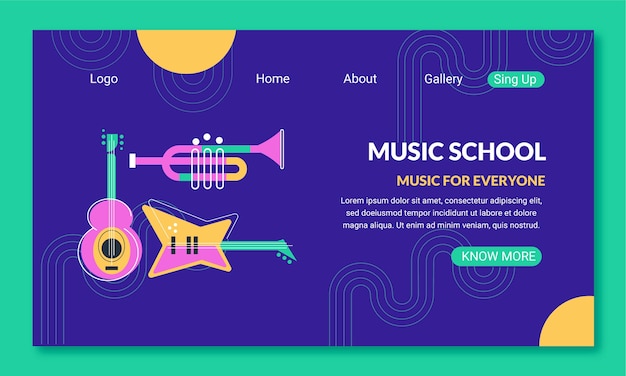 Flat music school classes and education landing page template