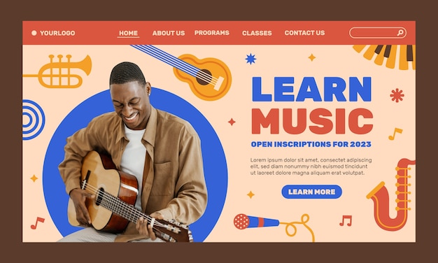 Flat music school classes and education landing page template